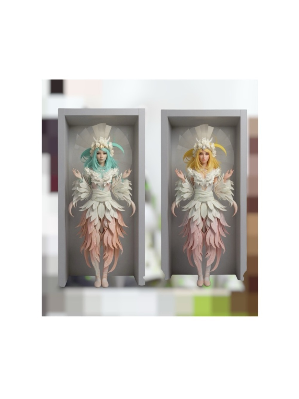 Decorative Wall  digital Art Poster Pastel Green and Pastel Yellow Fairy Figures